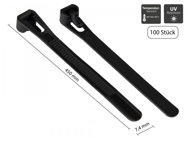 Wiederverwendbarer Kabelbinder 450 mm x 7,4 mm, schwarz, UV-resistent, -40 °C bis +85 °C, 100 Stück, Good Connections®