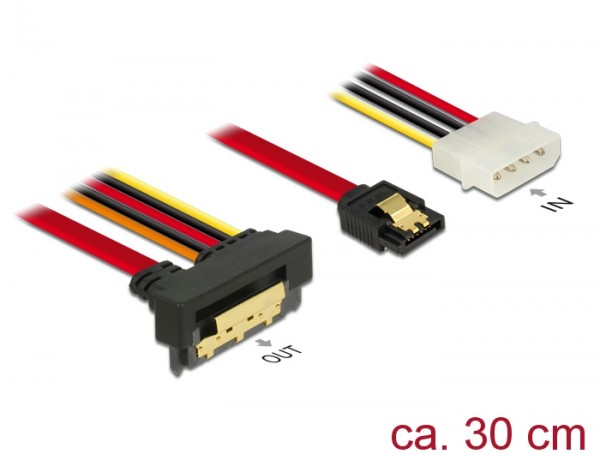 Kabel SATA 6 Gb/s 7 Pin Buchse + Molex 4 Pin Strom Stecker an SATA 22 Pin Buchse unten gewinkelt Metall, 0,3m, Delock® [85231]