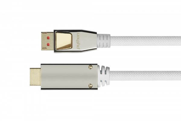 Anschlusskabel DisplayPort 1.4 an HDMI 2.0, 4K / UHD @60Hz, Vollmetallstecker, vergoldete Kontakte, OFC, Nylongeflecht weiß, 3m, PYTHON® Series