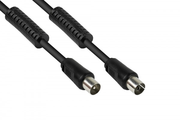 TV Antennenkabel, Koax Stecker an Koax Buchse (vernickelt), 2x Ferritkern, 2x geschirmt, Class A, 95 dB, 75 Ohm, CCS, schwarz, 2m, Good Connections®