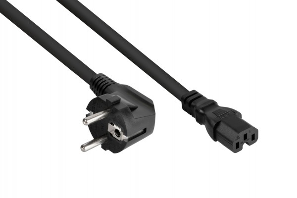 kabelmeister® Netzkabel Schutzkontakt-Stecker Typ E+F (90° gew.) an Warmgeräte-Buchse C15, schwarz, 1,00mm², 5m