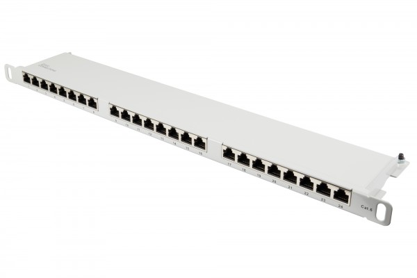 Patchpanel 19" Cat. 6, 24-Port, 0,5 HE, STP geschirmt, werkzeugloses Öffnen, Lichtgrau (RAL7035), Good Connections®