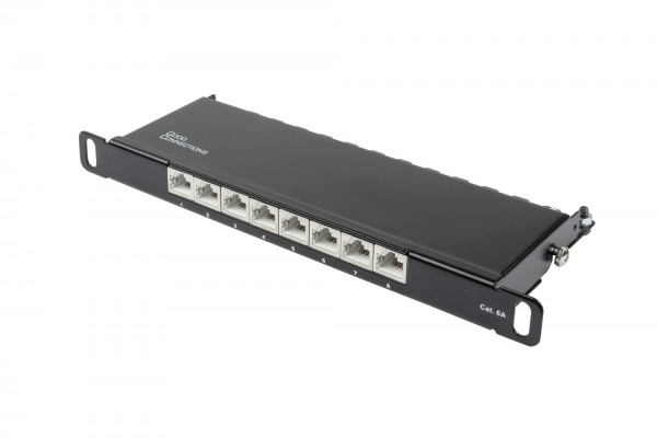 Patchpanel 10" Cat. 6A, 8-Port, 0,5 HE, STP geschirmt, werkzeugloses Öffnen, Tiefschwarz (RAL9005), Good Connections®