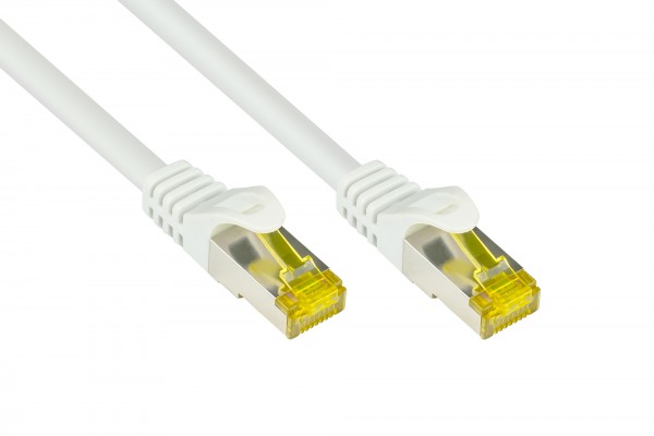 RJ45 Patchkabel mit Cat. 7 Rohkabel und Rastnasenschutz (RNS®), S/FTP, PiMF, halogenfrei, 500MHz, OFC, weiß, 10m, Good Connections®