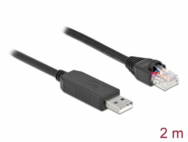 Serielles Anschlusskabel mit FTDI Chipsatz, USB 2.0 Typ-A Stecker zu RS-232 RJ45 Stecker, schwarz, 2 m, Delock® [64161]