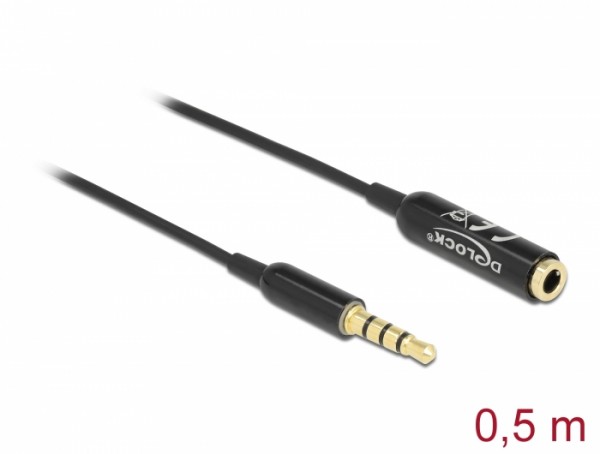 Audio Verlängerungskabel Klinke 3,5 mm 4 Pin Stecker zu Buchse Ultra Slim 0,5 m schwarz, Delock® [66074]