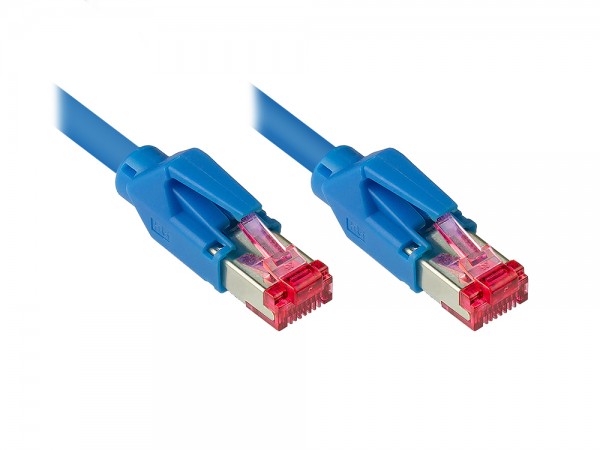 Patchkabel mit Cat. 7 Draka UC900 Rohkabel (900MHz) und Hirose TM21 Stecker (250MHz) beidseitig, S/FTP, PiMF, halogenfrei (LSZH), KUPFER, blau, 25m