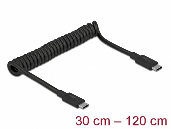 USB 3.1 Gen 2 Spiralkabel Typ-C Stecker an Typ-C Stecker PD 3 A E-Marker, schwarz, 0,3 m bis 0,7 m, Delock® [85350]
