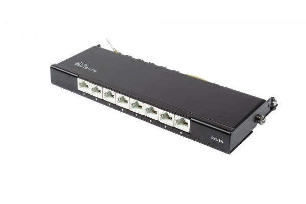 Patchpanel Desktop Cat. 6A, 8-Port, 0,5 HE, STP geschirmt, werkzeugloses Öffnen, Tiefschwarz (RAL9005), Good Connections®