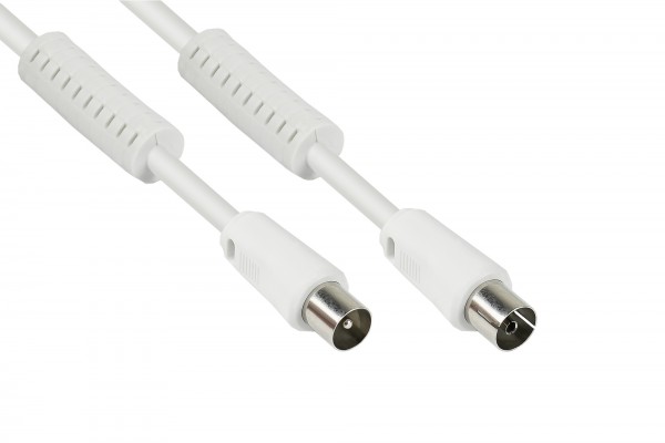 TV Antennenkabel, Koax Stecker an Koax Buchse (vernickelt), 2x Ferritkern, 2x geschirmt, Class A, 95 dB, 75 Ohm, CCS, weiß, 1,5m, Good Connections®