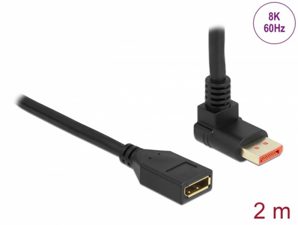 DisplayPort Verlängerungskabel Stecker 90° oben gewinkelt zu Buchse 8K 60 Hz, schwarz, 2 m, Delock® [87081]