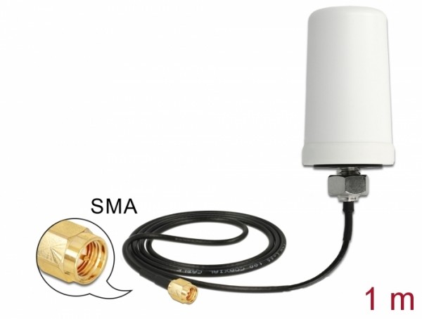 WLAN 802.11 ac/a/h/b/g/n Antenne SMA Stecker, 1,4-3,0 dBi, omnidirektional,outdoor, mit Anschlusskabel ULA100, weiß, 1m, Delock® [89486]
