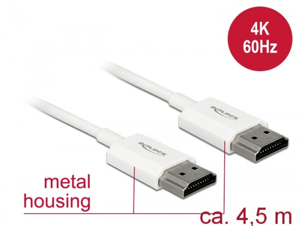 Kabel High Speed HDMI mit Ethernet, Stecker A an Stecker A, 3D, 4K, AKTIV, Slim High Quality, weiß, 4,5m, Delock® [85139]