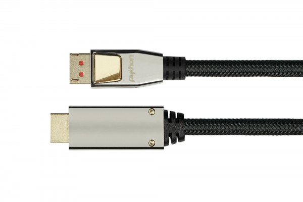 Anschlusskabel DisplayPort 1.4 an HDMI 2.0, 4K / UHD @60Hz, Vollmetallstecker, vergoldete Kontakte, OFC, Nylongeflecht schwarz, 2m, PYTHON® Series