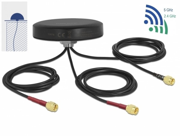 LTE MIMO Dualband WLAN 802.11 ac/ax/a/h/b/g/n Antenne 3 x SMA Stecker RG-174 1 m Schraubmontage outdoor schwarz , Delock® [12676]