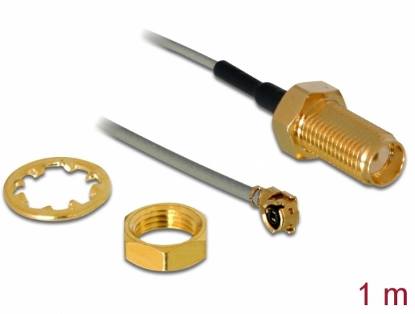 Antennenkabel SMA Buchse zum Einbau an MHF® I Stecker 1.13, Gewindelänge 10 mm, grau, 1 m, Delock® [89919]