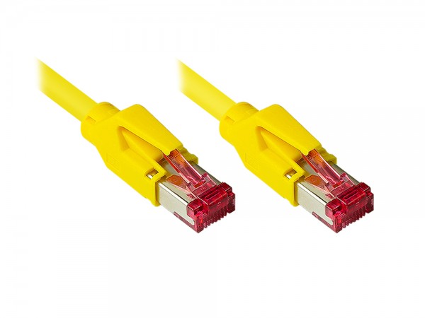 Patchkabel mit Cat. 7 Draka UC900 Rohkabel (900MHz) und Hirose TM21 Stecker (250MHz) beidseitig, S/FTP, PiMF, halogenfrei (LSZH), KUPFER, gelb, 9m