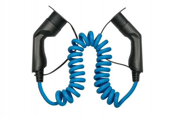 E-Auto-Ladekabel Mode 3, Typ 2 Stecker an Buchse, 3-phasig, 16 A, 11 kW, Spiralkabel, blau, 5m