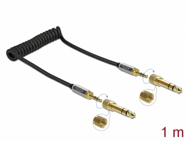 Spiralkabel 3,5 mm 3 Pin Klinkenstecker an Klinkenstecker mit Schraubadapter, schwarz, 1 m, Delock® [85836]