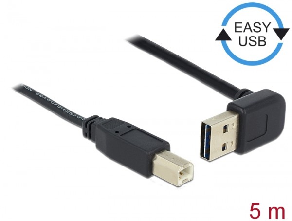 Kabel EASY-USB 2.0 Typ-A Stecker gewinkelt oben / unten an USB 2.0 Typ-B Stecker, schwarz, 5m, Delock® [83542]