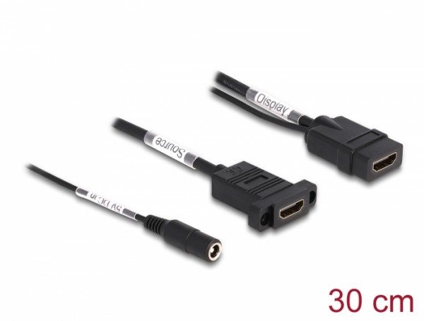 Delock HDMI Kabel 4K 60 Hz mit DC Einspeisung 2,1 x 5,5 mm 0,30 m zum Einbau, Delock® [87038]