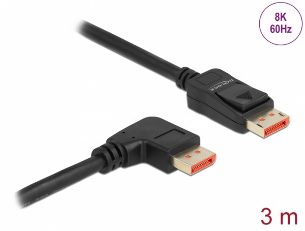 DisplayPort Kabel Stecker gerade zu Stecker 90° rechts gewinkelt 8K 60 Hz, schwarz, 3 m, Delock® [87067]