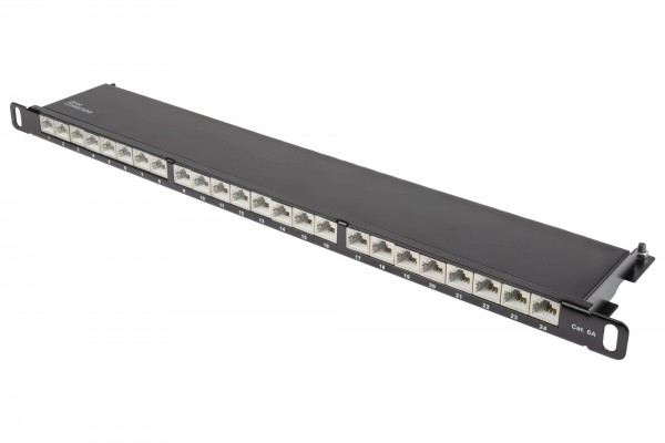 Patchpanel 19" Cat. 6A, 24-Port, 0,5 HE, STP geschirmt, werkzeugloses Öffnen, Tiefschwarz (RAL9005), Good Connections®