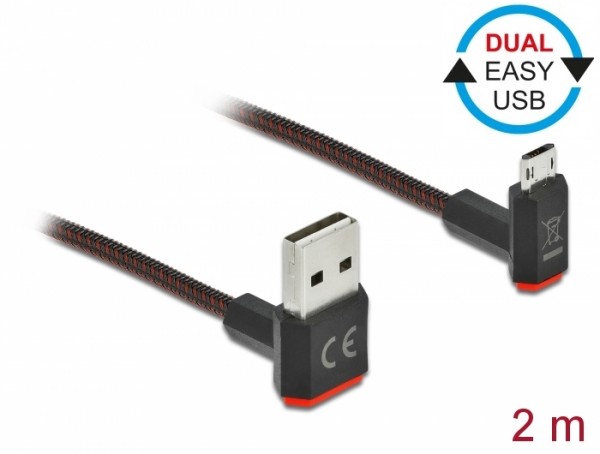 EASY-USB 2.0 Kabel Typ-A Stecker zu EASY-USB Typ Micro-B Stecker gewinkelt oben / unten 2 m schwarz, Delock® [85268]