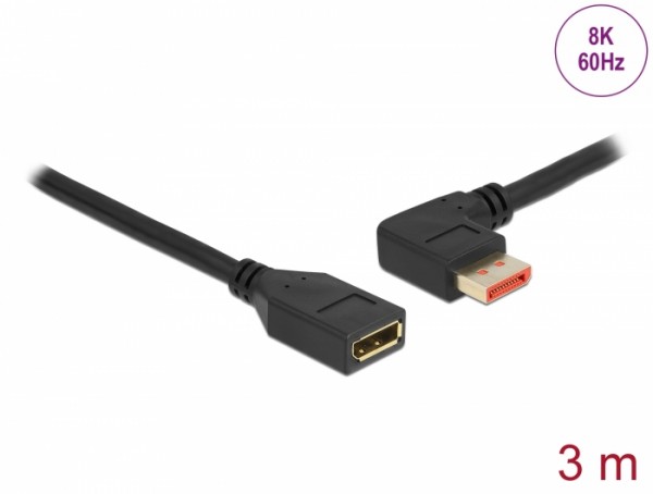 DisplayPort Verlängerungskabel Stecker 90° links gewinkelt zu Buchse 8K 60 Hz, schwarz, 3 m, Delock® [87076]