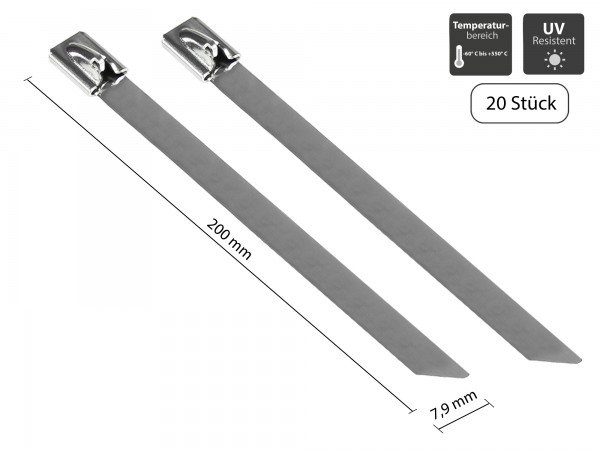 Edelstahl-Kabelbinder 200 mm x 7,9 mm, -60 °C bis +550 °C, 20 Stück, Good Connections®