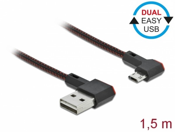 EASY-USB 2.0 Kabel Typ-A Stecker zu EASY-USB Typ Micro-B Stecker gewinkelt links / rechts 1,5 m schwarz, Delock® [85272]
