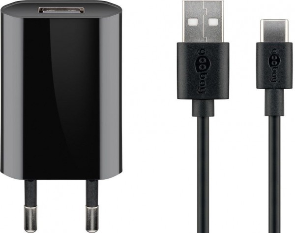 USB-Ladegerät, 1 Port, 1A, flache Bauform, inkl. Anschlusskabel USB Stecker A an USB-C™ Stecker, schwarz, 1m