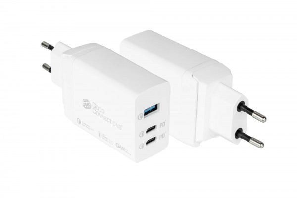 USB-Schnellladegerät 65W mit GaN-Technologie, 3-Port (2x USB-C™ und 1x USB-A), PD 3.0, QC 3.0, weiß, Good Connections®