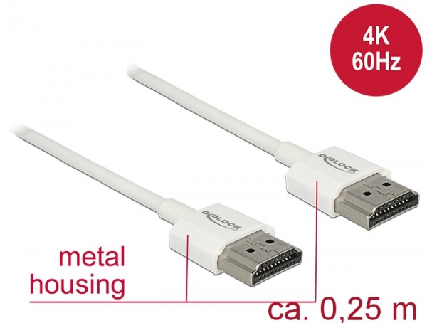 Kabel High Speed HDMI mit Ethernet, Stecker A an Stecker A, 3D, 4K, Slim High Quality, weiß, 0,25m, Delock® [85120]