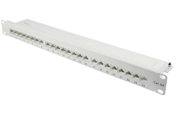 Patchpanel 19" Cat. 6A, 24-Port, 1 HE, STP geschirmt, werkzeugloses Öffnen, Lichtgrau (RAL7035), Good Connections®