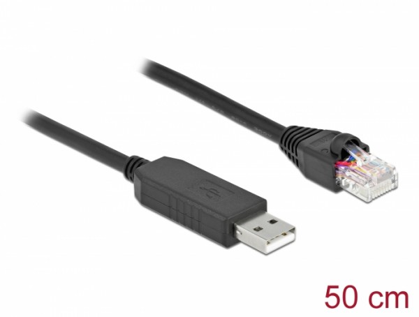 Serielles Anschlusskabel mit FTDI Chipsatz, USB 2.0 Typ-A Stecker zu RS-232 RJ45 Stecker, schwarz, 50 cm, Delock® [64159]