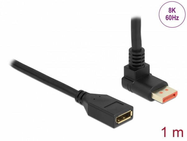 DisplayPort Verlängerungskabel Stecker 90° oben gewinkelt zu Buchse 8K 60 Hz, schwarz, 1 m, Delock® [87080]
