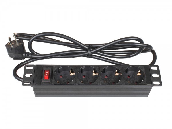 10" PDU Steckdosenleiste, 1HE, Schutzkontakt-Stecker an 4x Schutzkontakt-Buchse, Schalter, Aluminiumprofil, schwarz, Good Connections®