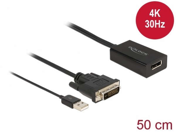 Adapter DVI Stecker zu DisplayPort 1.2 Buchse schwarz 4K mit HDR Funktion 50 cm, Delock® [63189]