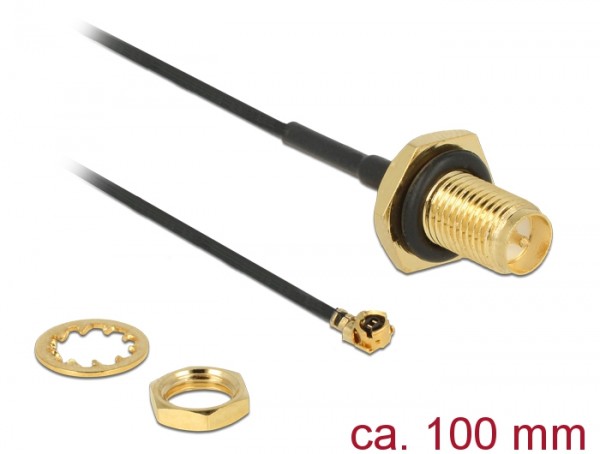 Antennenkabel RP-SMA Buchse zum Einbau an MHF / U.FL-LP-068 kompatibler Stecker, Gewindelänge 9mm, spritzwassergeschützt, 1m, Delock® [89584]