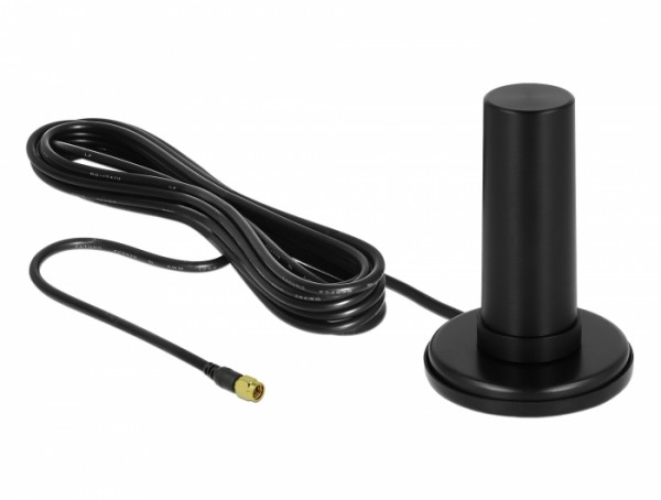 5G LTE Antenne SMA Stecker, 0-3 dBi, starr, omnidirektional, mit magnetischem Standfuß und Anschlusskabel RF195, 3m, outdoor schwarz, Delock® [12590]