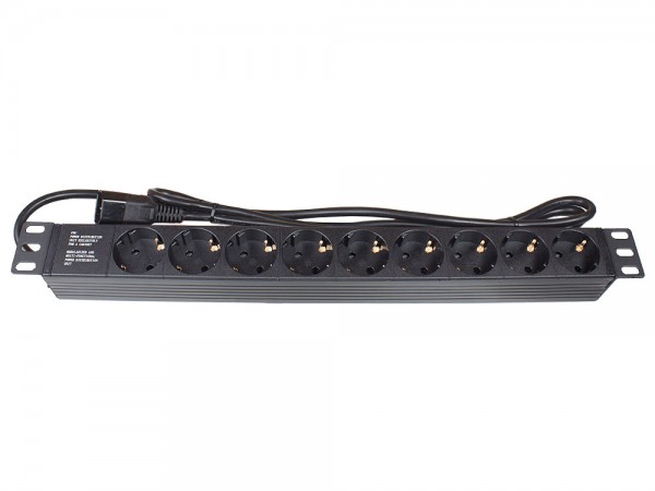 19" PDU Steckdosenleiste, 1HE, Kaltgeräte-Stecker C14 an 9x Schutzkontakt-Buchse, Berührungsschutz, Kunststoffprofil, schwarz, Good Connections®