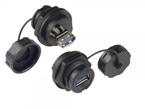 Industrie-Steckverbinder S4 - USB 3.0 Durchführungskupplung, Buchse A beidseitig, einseitig mit Deckel, Bajonett, IP67, schwarz, Good Connections®