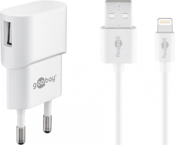 USB-Ladegerät, 1 Port, 1A, inkl. Anschlusskabel Apple Lightning Connector an USB A Stecker, weiß, 1m
