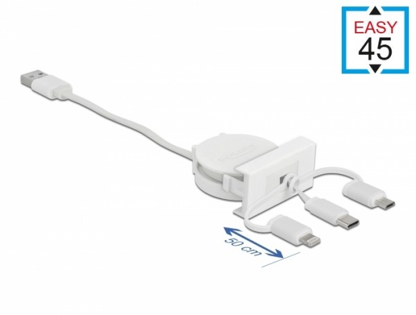 Easy 45 Modul USB 2.0 3 in 1 Aufrollkabel USB Typ-A zu USB-C™, Micro USB und Lightning weiß, Delock® [81375]