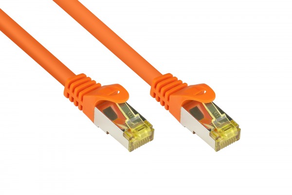 RJ45 Patchkabel mit Cat. 7 Rohkabel und Rastnasenschutz (RNS®), S/FTP, PiMF, halogenfrei, 500MHz, OFC, orange, 25m, Good Connections®