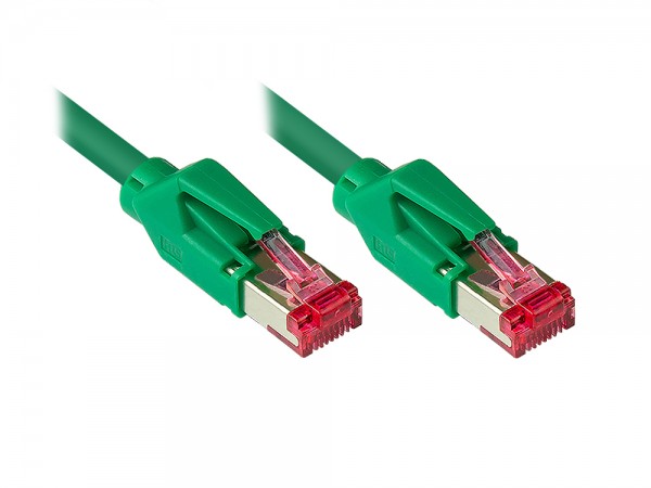 Patchkabel mit Cat. 7 Draka UC900 Rohkabel (900MHz) und Hirose TM21 Stecker (250MHz) beidseitig, S/FTP, PiMF, halogenfrei (LSZH), KUPFER, grün, 22m