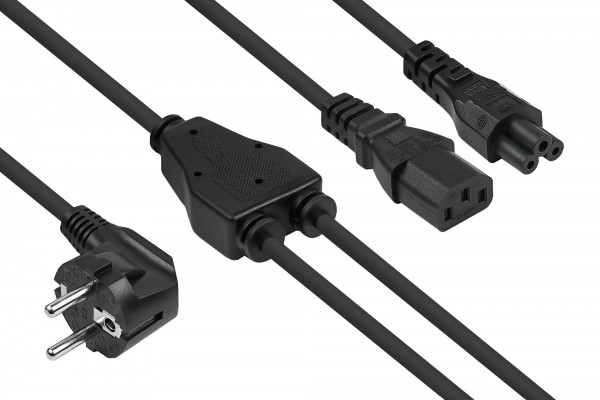 kabelmeister® Y-Netzkabel Schutzkontakt-Stecker Typ E+F (90° gew.) an Buchse C13 und Buchse C5, schwarz, 2m