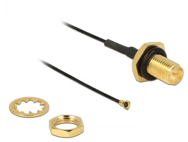 Antennenkabel RP-SMA Buchse zum Einbau an MHF IV/ HSC MXHP32 kompatibler Stecker 100mm 0.81 Gewindelänge 9mm spritzwassergeschützt, Delock® [12464]