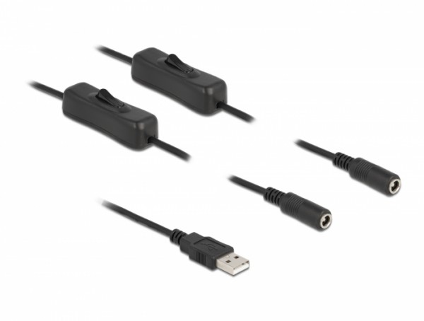 Kabel USB Typ-A Stecker zu 2 x DC 5,5 x 2,1 mm Buchse mit Schalter 1 m, Delock® [86797]